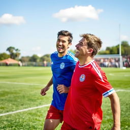 Two friends engaged in an exciting game of football on a lush green field