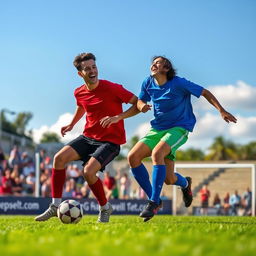 Two friends engaged in an exciting game of football on a lush green field
