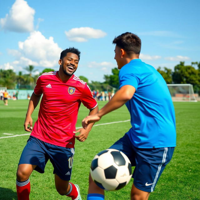 Two friends engaged in an exciting game of football on a lush green field