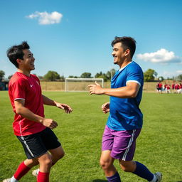 Two friends engaged in an exciting game of football on a lush green field