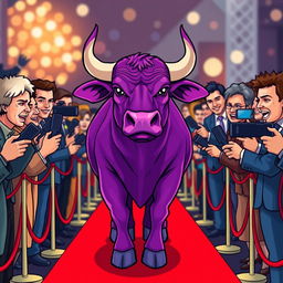 A purple bull confidently walking down a red carpet, surrounded by enthusiastic journalists holding microphones and cameras