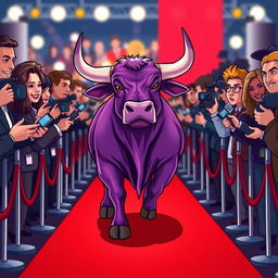 A purple bull confidently walking down a red carpet, surrounded by enthusiastic journalists holding microphones and cameras