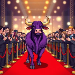 A purple bull confidently walking down a red carpet, surrounded by enthusiastic journalists holding microphones and cameras