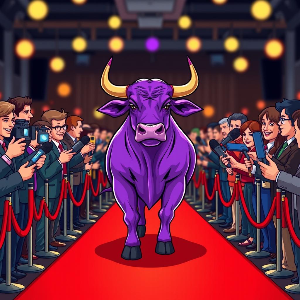 A purple bull confidently walking down a red carpet, surrounded by enthusiastic journalists holding microphones and cameras