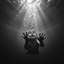 A dramatic black and white underwater scene depicting a boy in distress, drowning deep in the sea