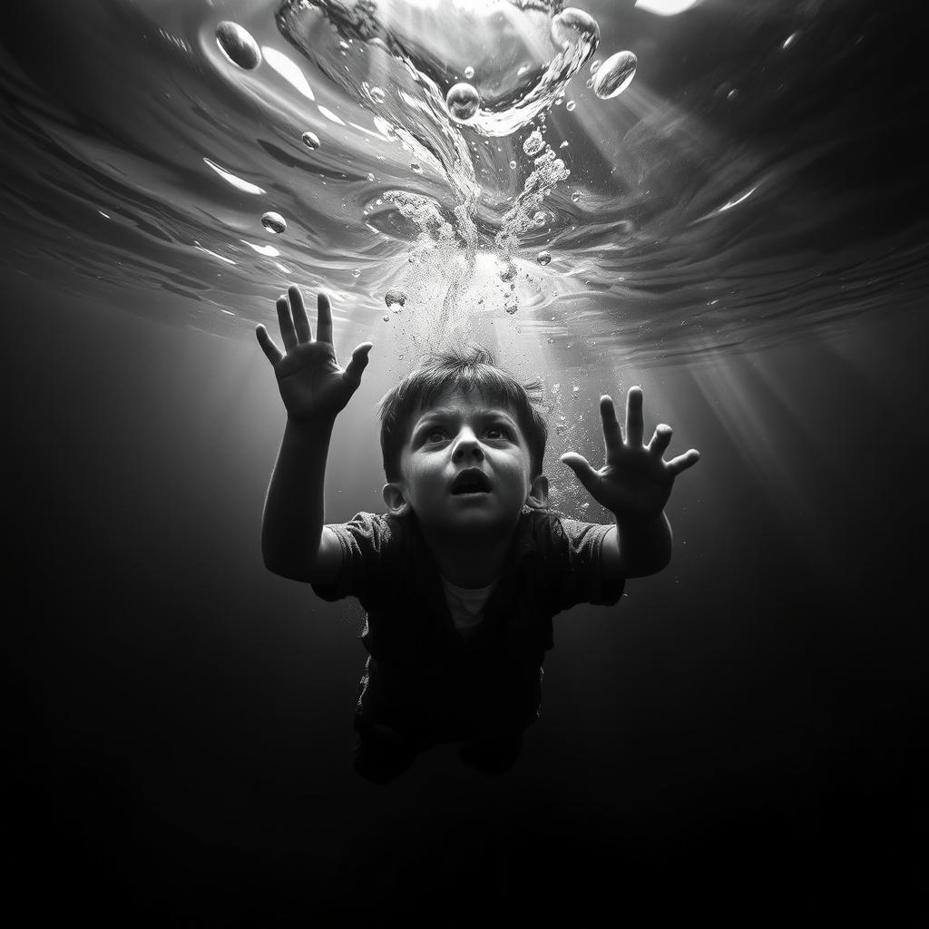 A dramatic black and white underwater scene depicting a boy in distress, drowning deep in the sea
