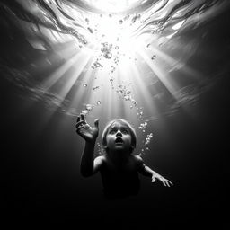 A dramatic black and white underwater scene depicting a boy in distress, drowning deep in the sea