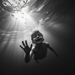 A dramatic black and white underwater scene depicting a boy in distress, drowning deep in the sea