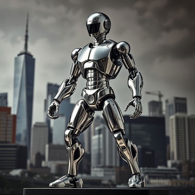 A striking humanoid figure made entirely of galvanised steel, resembling a modern artistic interpretation of a robot