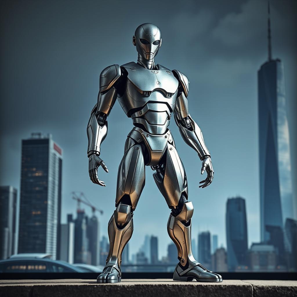 A striking humanoid figure made entirely of galvanised steel, resembling a modern artistic interpretation of a robot