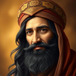 A beautiful and detailed depiction of the face of Imam Ali, capturing his strong and kind features, with a wise expression and deep contemplative eyes
