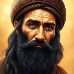 A beautiful and detailed depiction of the face of Imam Ali, capturing his strong and kind features, with a wise expression and deep contemplative eyes