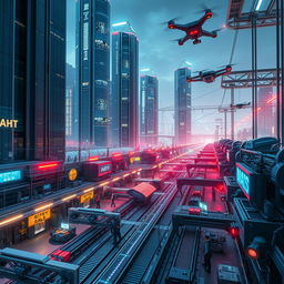 A futuristic industrial scene featuring advanced technology and sleek architecture