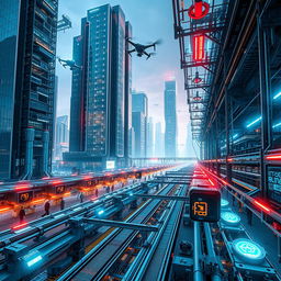 A futuristic industrial scene featuring advanced technology and sleek architecture