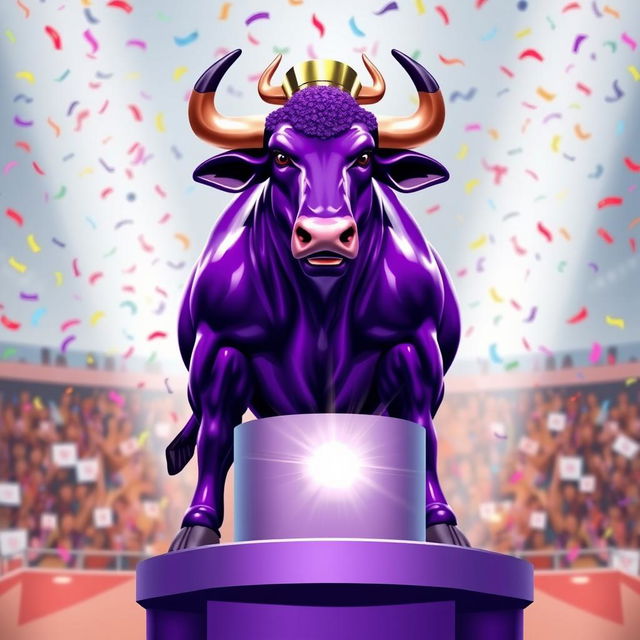 A majestic purple bull standing proudly on a podium, lifting a shiny trophy with its strong, muscular frame