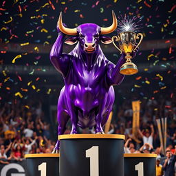 A majestic purple bull standing proudly on a podium, lifting a shiny trophy with its strong, muscular frame