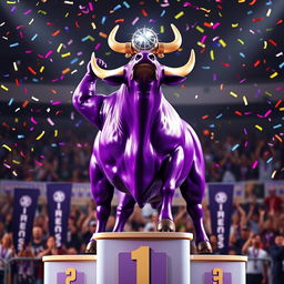 A majestic purple bull standing proudly on a podium, lifting a shiny trophy with its strong, muscular frame