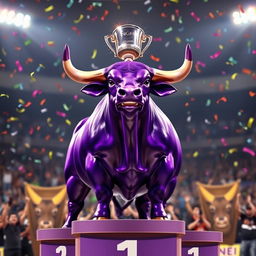 A majestic purple bull standing proudly on a podium, lifting a shiny trophy with its strong, muscular frame