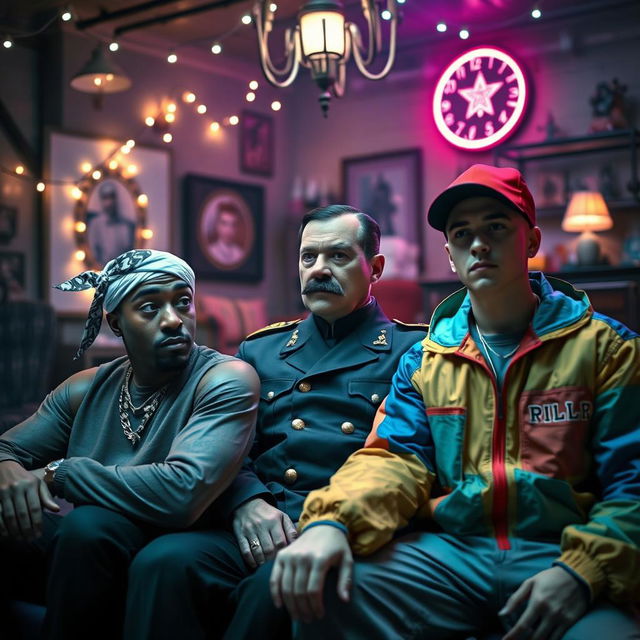 A surreal and imaginative scene featuring Tupac Shakur, Adolf Hitler, and Eminem seated together in an eclectic setting inspired by the aesthetics of Stranger Things