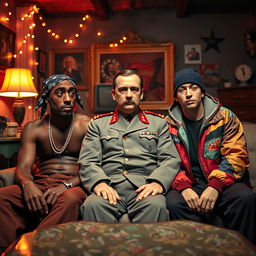 A surreal and imaginative scene featuring Tupac Shakur, Adolf Hitler, and Eminem seated together in an eclectic setting inspired by the aesthetics of Stranger Things