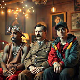 A surreal and imaginative scene featuring Tupac Shakur, Adolf Hitler, and Eminem seated together in an eclectic setting inspired by the aesthetics of Stranger Things