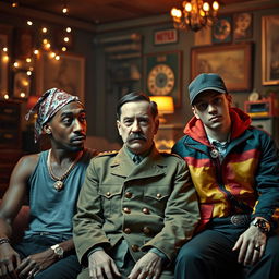 A surreal and imaginative scene featuring Tupac Shakur, Adolf Hitler, and Eminem seated together in an eclectic setting inspired by the aesthetics of Stranger Things