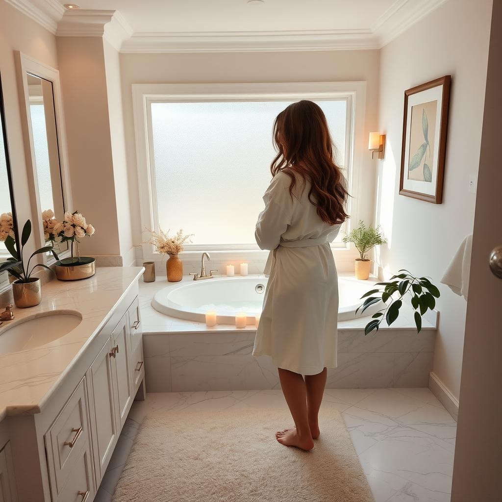 A woman standing in a bright, elegant bathroom, gazing into the mirror, with soft natural light filtering in through a frosted window