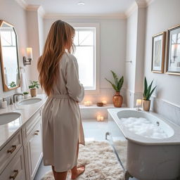 A woman standing in a bright, elegant bathroom, gazing into the mirror, with soft natural light filtering in through a frosted window