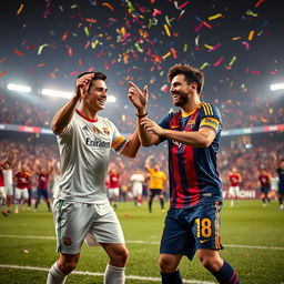 A lively, joyful scene featuring two iconic football players, Ronaldo and Messi, performing a celebratory dance on a football pitch
