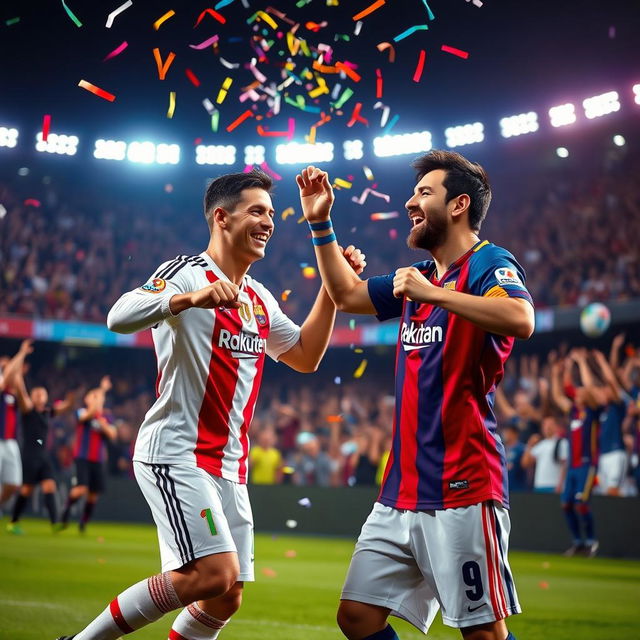 A lively, joyful scene featuring two iconic football players, Ronaldo and Messi, performing a celebratory dance on a football pitch