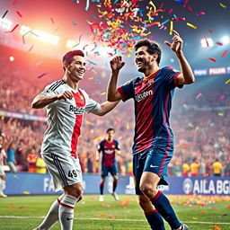 A lively, joyful scene featuring two iconic football players, Ronaldo and Messi, performing a celebratory dance on a football pitch