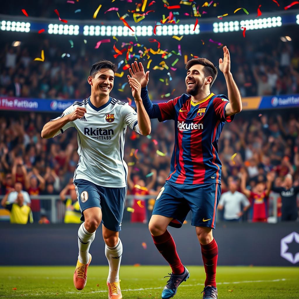 A lively, joyful scene featuring two iconic football players, Ronaldo and Messi, performing a celebratory dance on a football pitch