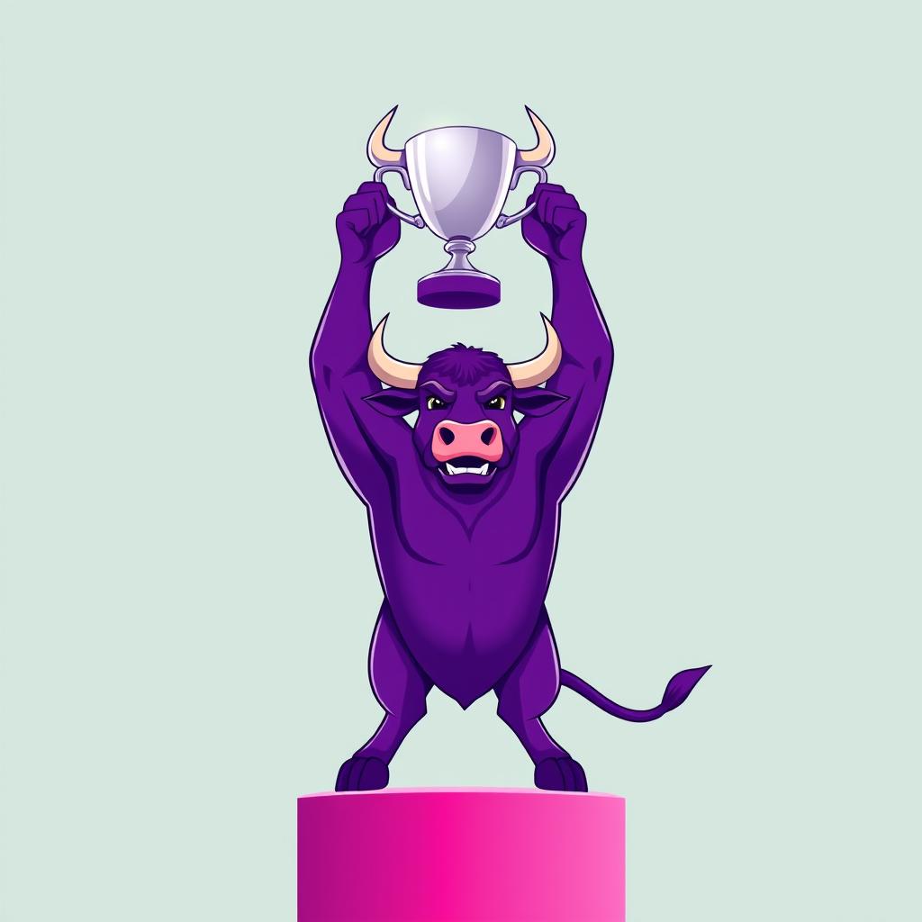 A vibrant purple bull standing proudly on a podium, lifting a shiny trophy above its head in celebration