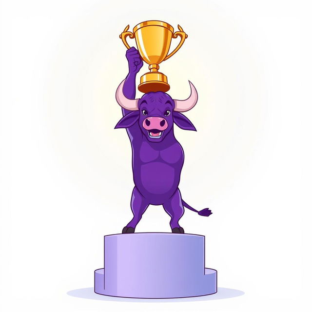 A vibrant purple bull standing proudly on a podium, lifting a shiny trophy above its head in celebration