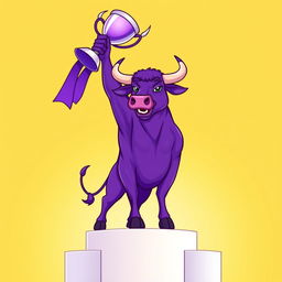 A vibrant purple bull standing proudly on a podium, lifting a shiny trophy above its head in celebration