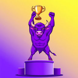 A vibrant purple bull standing proudly on a podium, lifting a shiny trophy above its head in celebration