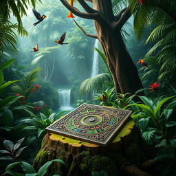 A vibrant jungle scene inspired by the adventurous theme of JUMANJI, filled with dense, lush greenery, towering trees, and exotic plants