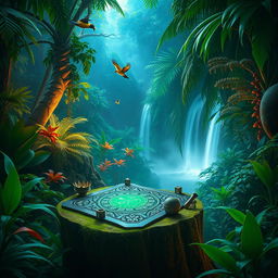 A vibrant jungle scene inspired by the adventurous theme of JUMANJI, filled with dense, lush greenery, towering trees, and exotic plants