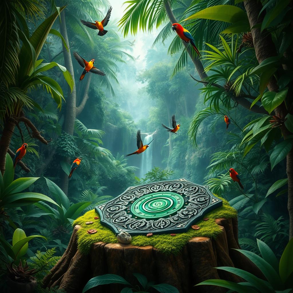 A vibrant jungle scene inspired by the adventurous theme of JUMANJI, filled with dense, lush greenery, towering trees, and exotic plants