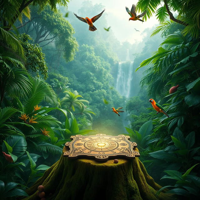 A vibrant jungle scene inspired by the adventurous theme of JUMANJI, filled with dense, lush greenery, towering trees, and exotic plants