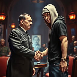 A surreal artistic interpretation of a historical and contemporary crossover, depicting a stylized scene of Adolf Hitler and Eminem shaking hands