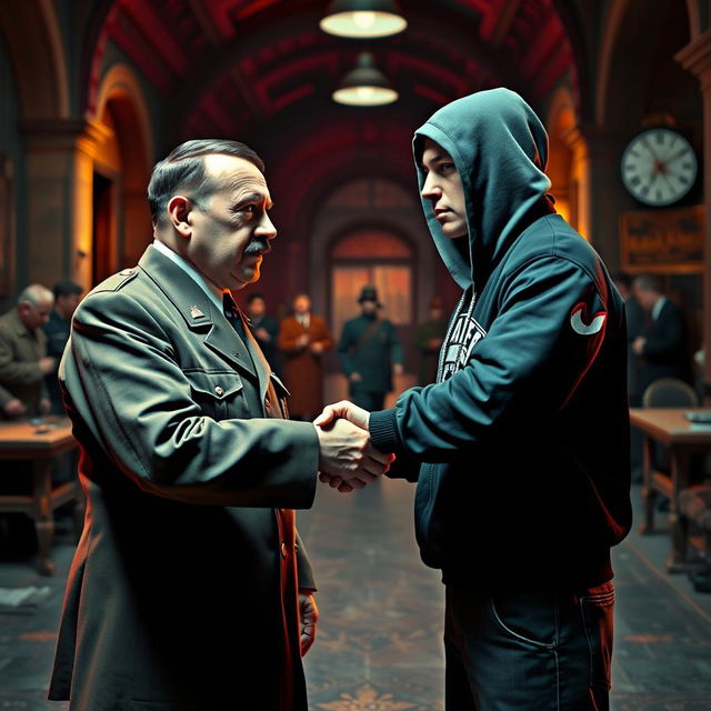 A surreal artistic interpretation of a historical and contemporary crossover, depicting a stylized scene of Adolf Hitler and Eminem shaking hands