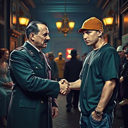 A surreal artistic interpretation of a historical and contemporary crossover, depicting a stylized scene of Adolf Hitler and Eminem shaking hands