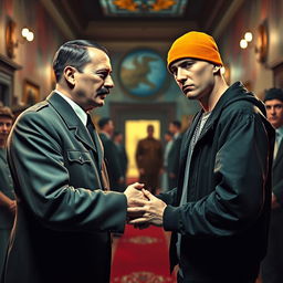 A surreal artistic interpretation of a historical and contemporary crossover, depicting a stylized scene of Adolf Hitler and Eminem shaking hands