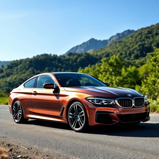 A sleek and stylish BMW car parked on a scenic mountain road, surrounded by lush greenery and a clear blue sky