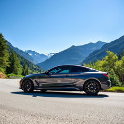 A sleek and stylish BMW car parked on a scenic mountain road, surrounded by lush greenery and a clear blue sky