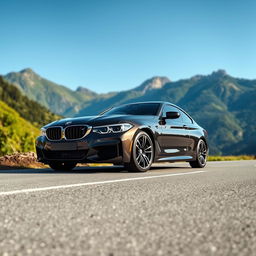 A sleek and stylish BMW car parked on a scenic mountain road, surrounded by lush greenery and a clear blue sky