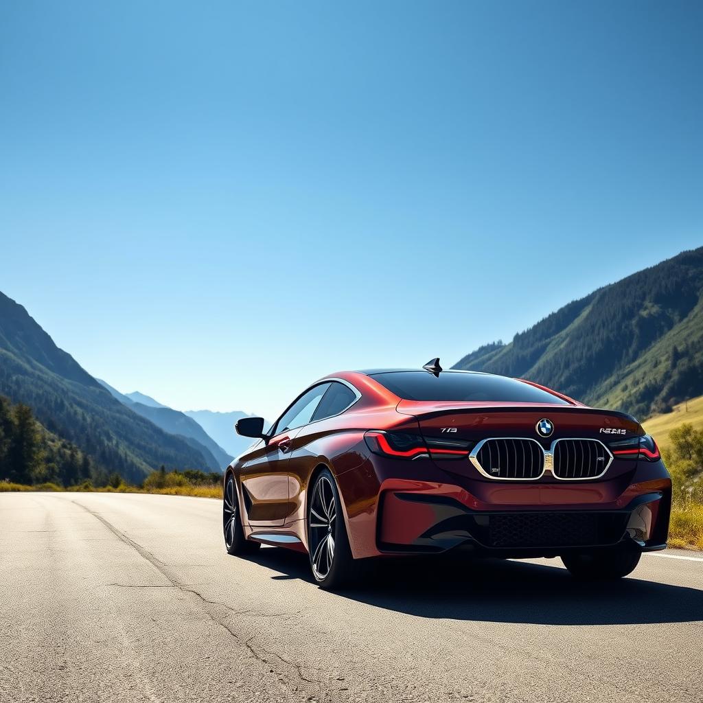 A sleek and stylish BMW car parked on a scenic mountain road, surrounded by lush greenery and a clear blue sky