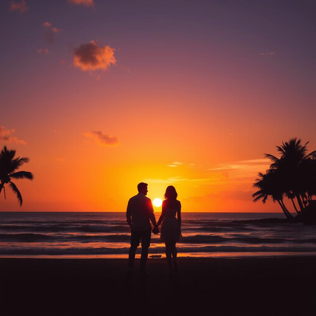 A stunning photo edit of a vibrant sunset over a scenic beach, with the sun lowering on the horizon casting warm orange, pink, and purple hues in the sky