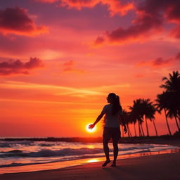 A stunning photo edit of a vibrant sunset over a scenic beach, with the sun lowering on the horizon casting warm orange, pink, and purple hues in the sky
